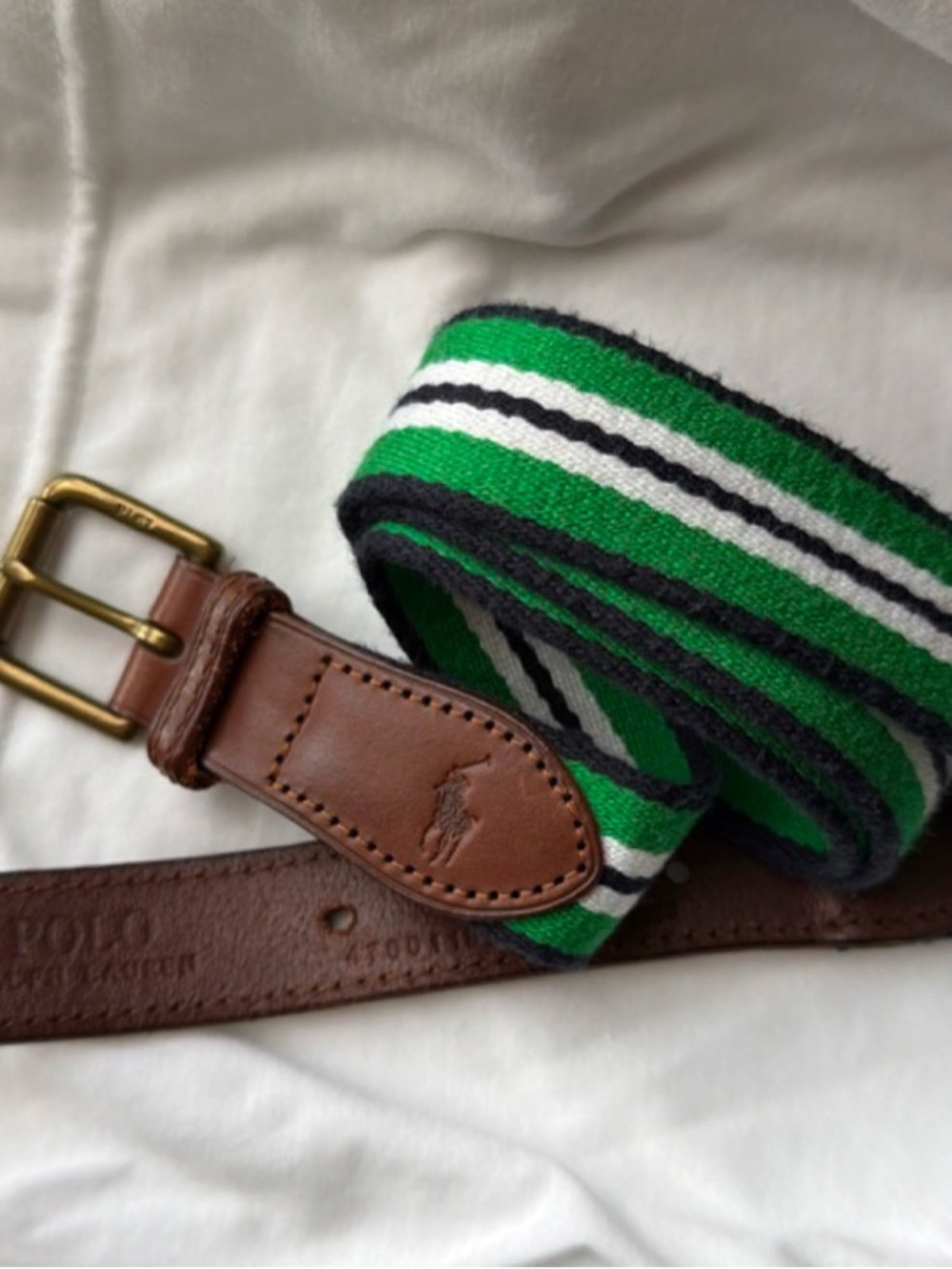 Ralph Lauren Brown Leather Belt with Green Webbing and Brass Buckle